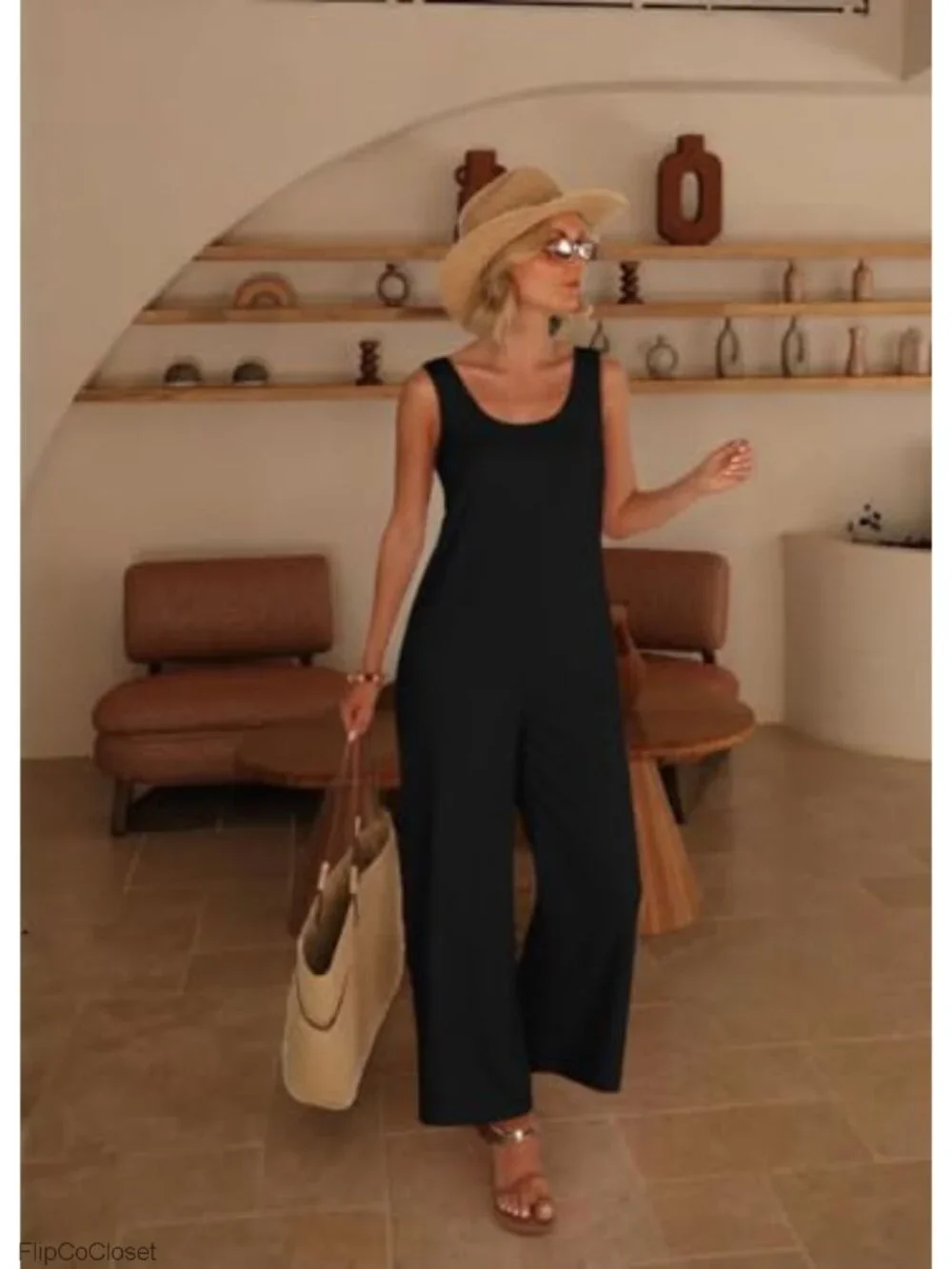 Women's Sleeveless Loose Fit Tank Jumpsuit with Pockets Summer Casual Romper